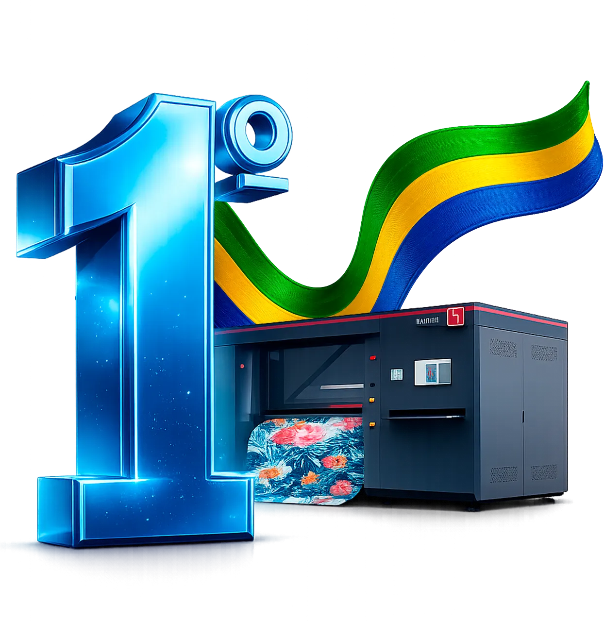 Número “1º” com faixa nas cores do Brasil saindo da impressora têxtil