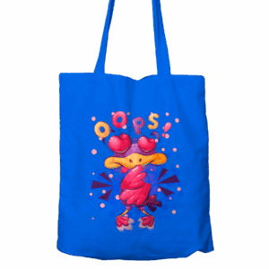 Sacola feita com tecido estampada, contendo as cores amarela, rosa, roxa, cinza, no fundo azul escuro. No conteúdo da estampa existe um pássaro apaixonado com olhos saltados em forma de coração, muito feliz. A sacola foi estampada utilizando uma impressão digital têxtil DTF da Teros Print DTF 60.