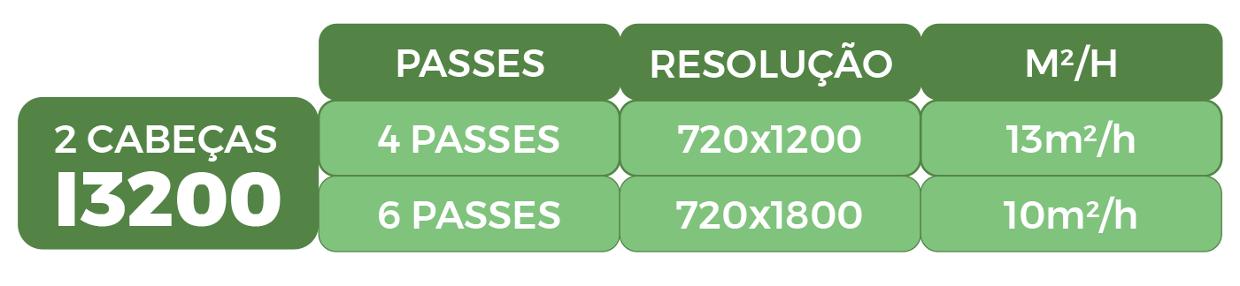 Mostra a especificação técnica da cabeça de impressão Epson I3200 contendo a sua quantidade de passes, suas resoluções suportadas e a sua velocidades de impressão digital têxtil DTF.