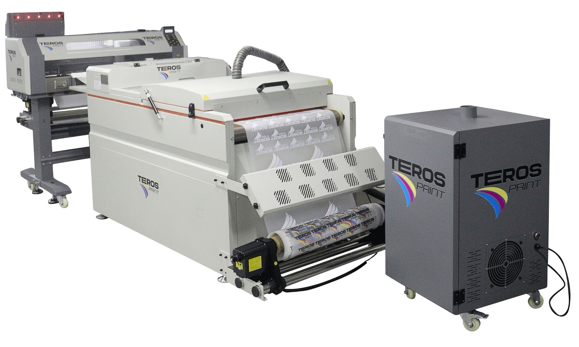 Impressora Teros Print DTF 60 em posição diagonal com todos seus equipamentos montados, sendo: o forno aplicador de pó, o filtro purificador e a impressora. Impressora especializada em impressão digital têxtil DTF